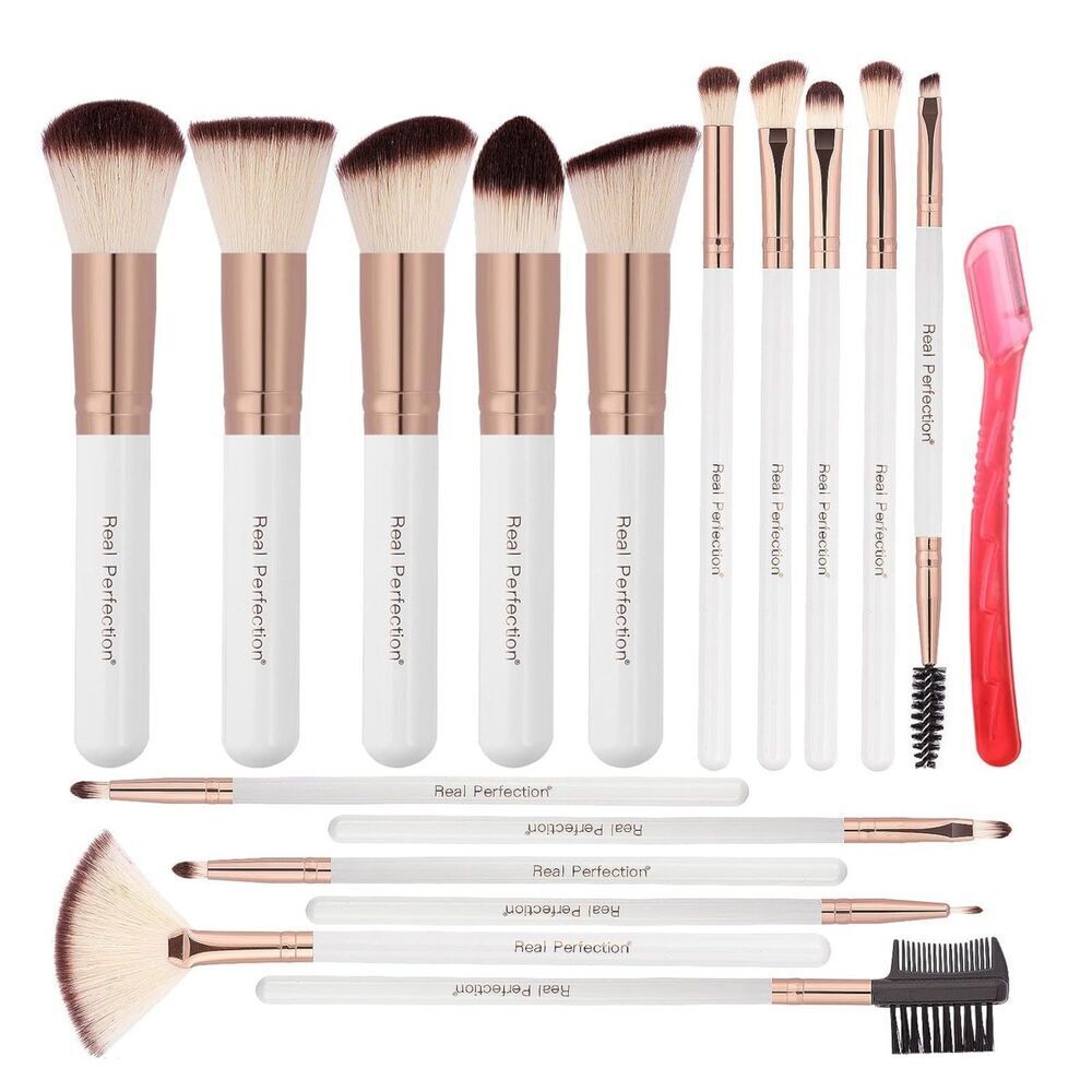Real Perfection16 Pieces White Make up Brushes Kit with 1 Eyebrow Razor